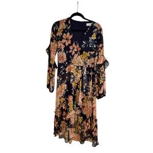 Adelyn Rae Alana Navy Blue Floral Print Long Sleeve Ruffled Midi Dress